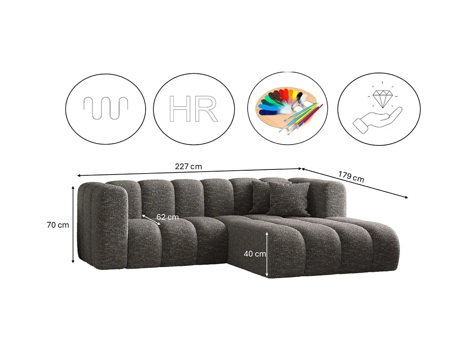 Canapé d'angle, canapé en L Grand modulable tissu Haga Graphite Droite