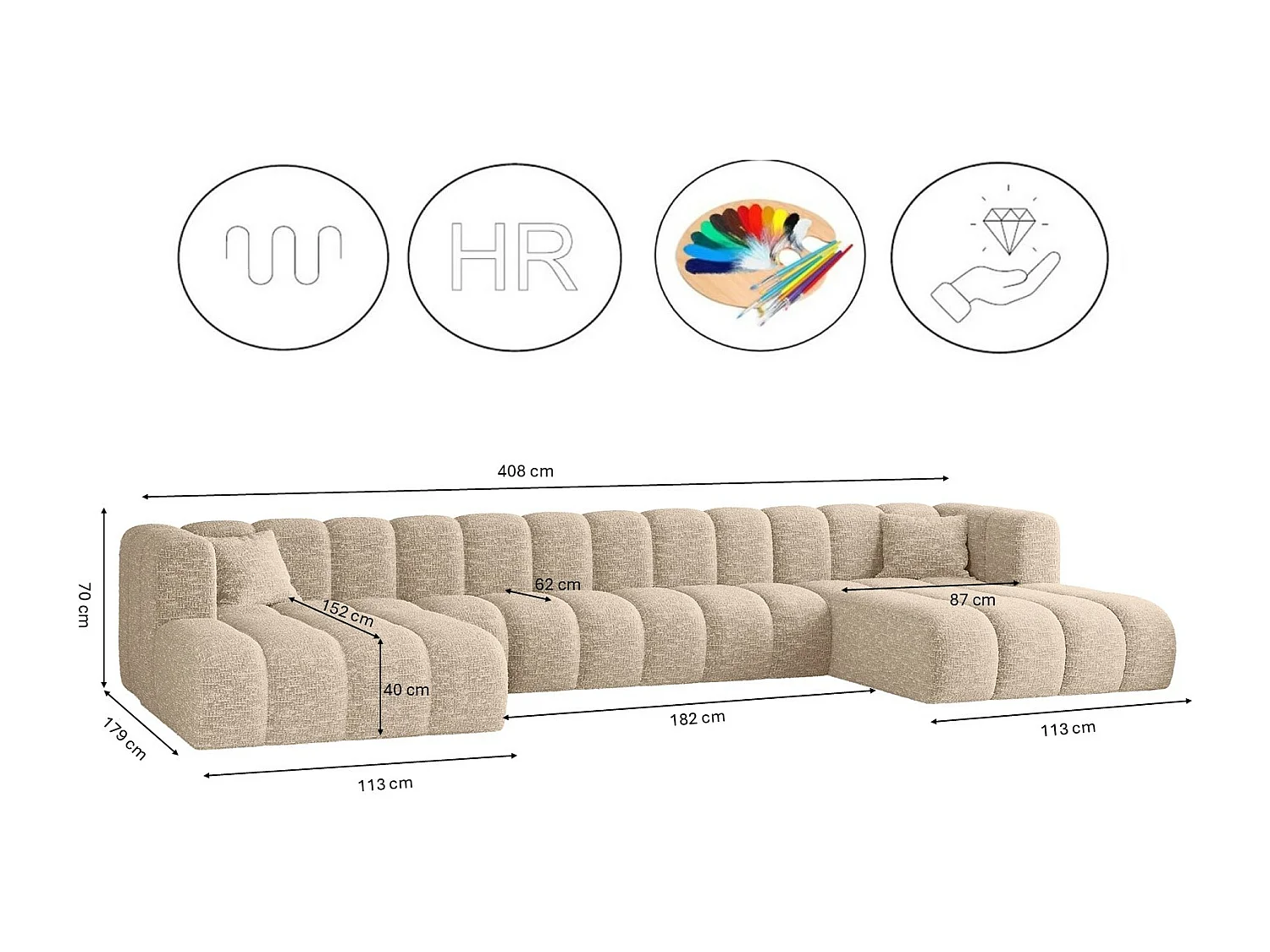 Canapé d'angle, canapé en U Grand U XL modulable tissu Haga Ecru