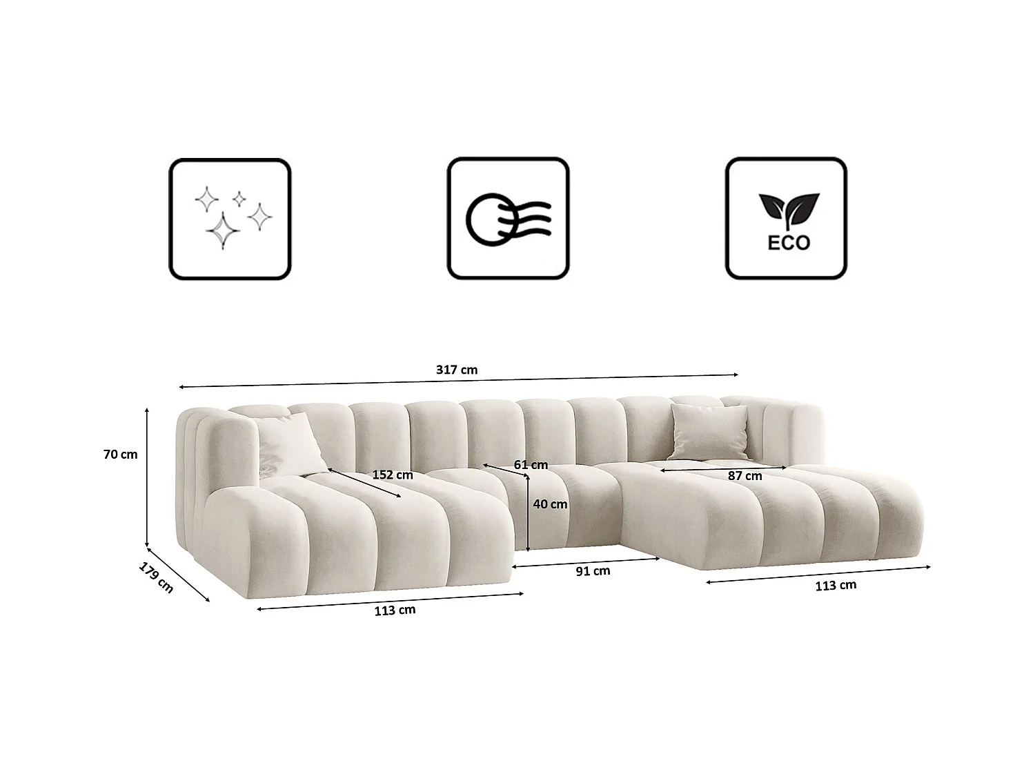 Canapé d'angle U-de Sofa Grand Modular tissu Salvador gris clair
