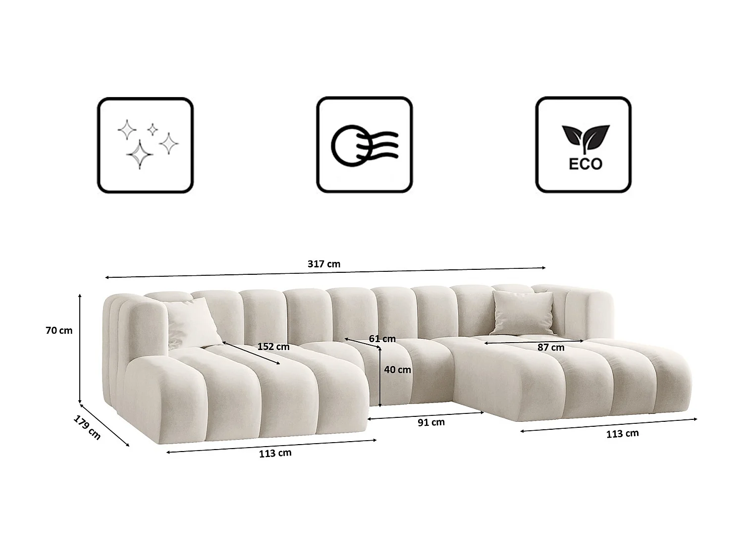 Canapé d'angle U-de Sofa Grand Modular tissu Salvador gris clair
