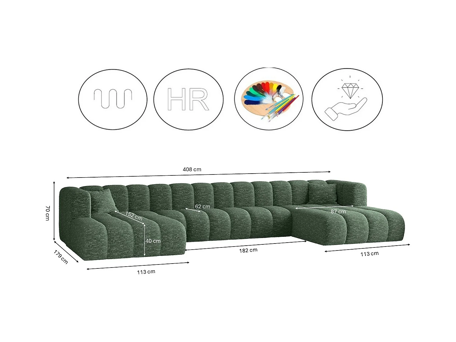 Ecksofa, U-form Sofa Grand U XL  modular stoff Haga Grün