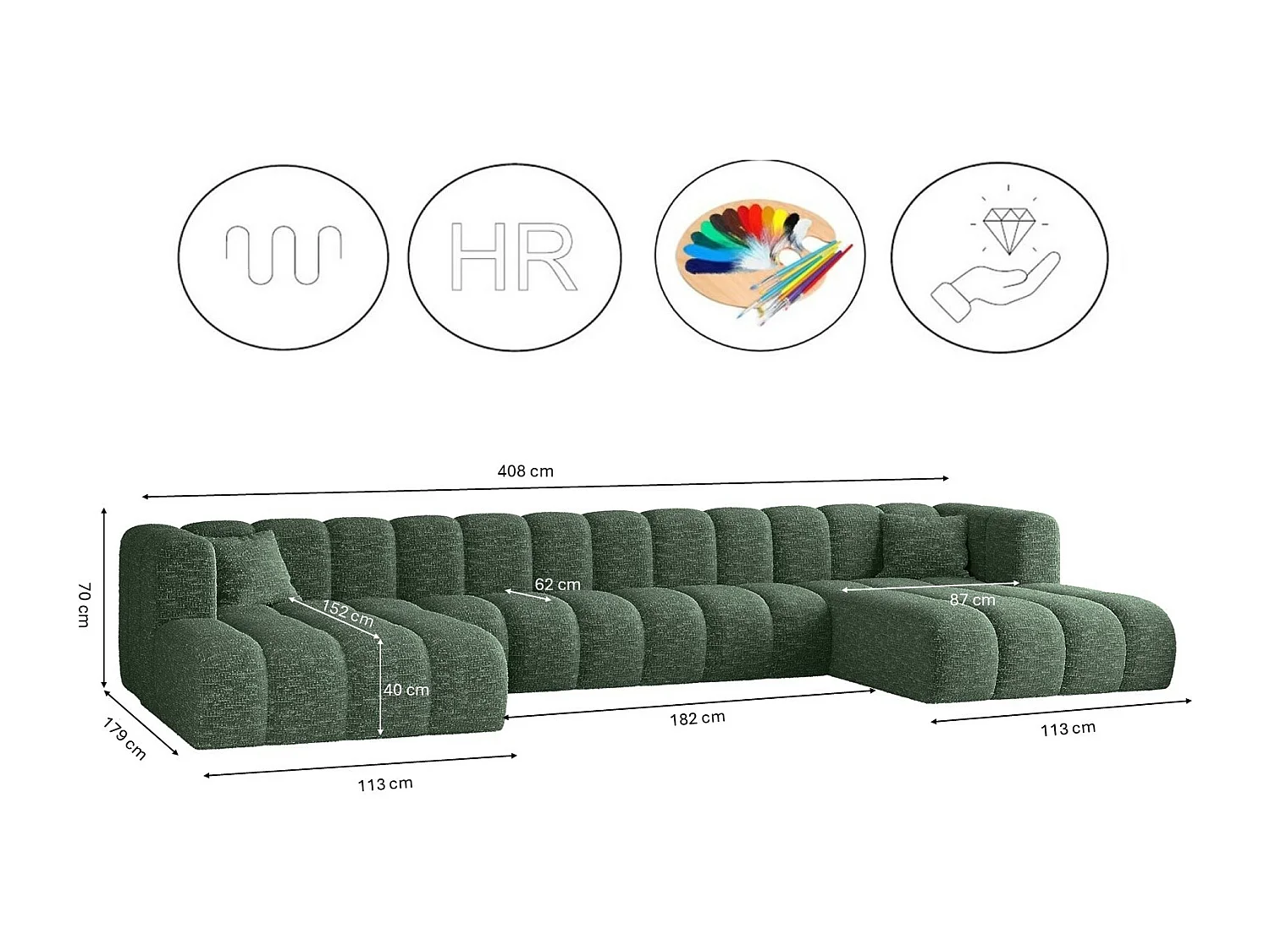 Ecksofa, U-form Sofa Grand U XL  modular stoff Haga Grün