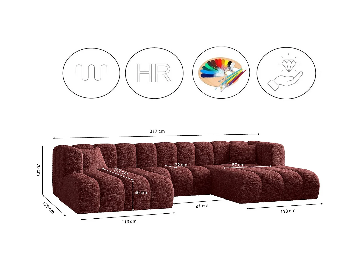 Ecksofa, U-form Sofa Grand modular stoff Haga Rotwein