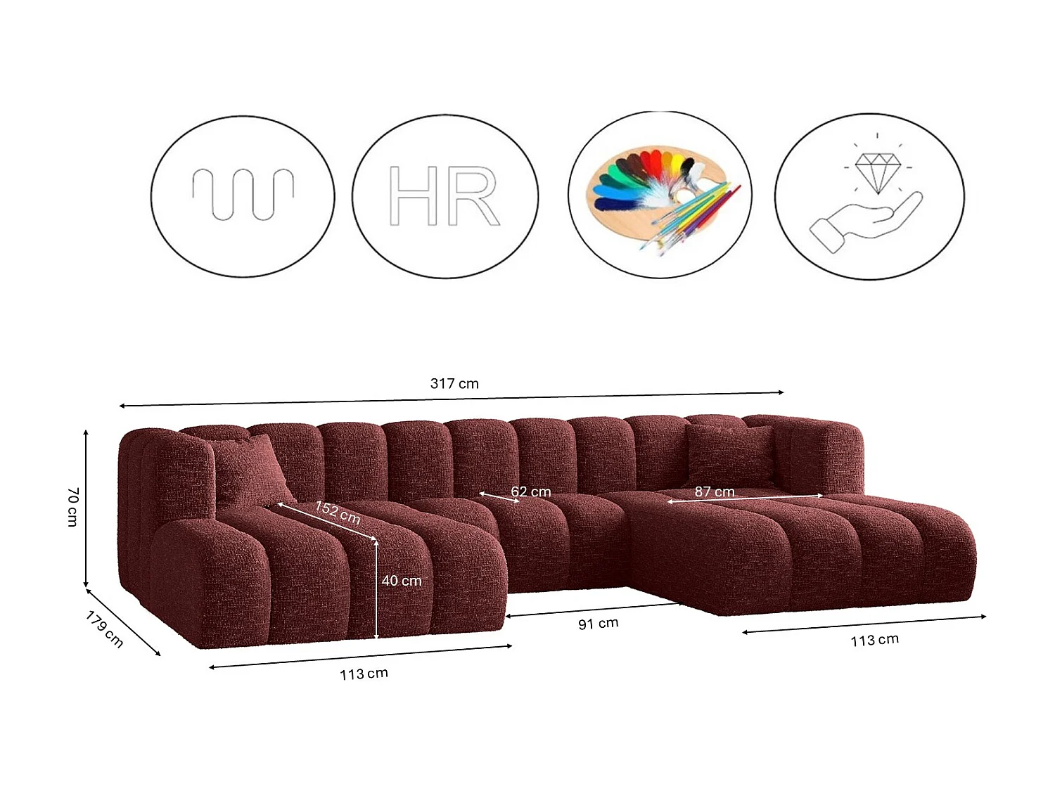 Ecksofa, U-form Sofa Grand modular stoff Haga Rotwein
