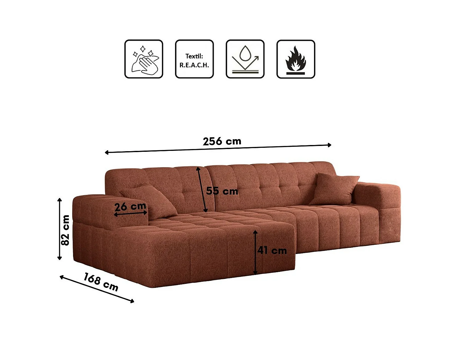 Ecksofa Eckouch Wohnzimmer NIMES Stoff Verita Kupfer Links