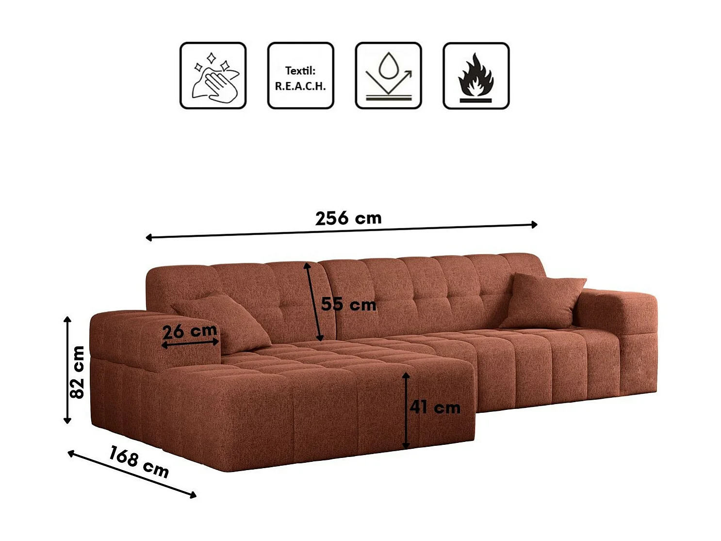 Ecksofa Eckouch Wohnzimmer NIMES Stoff Verita Kupfer Links