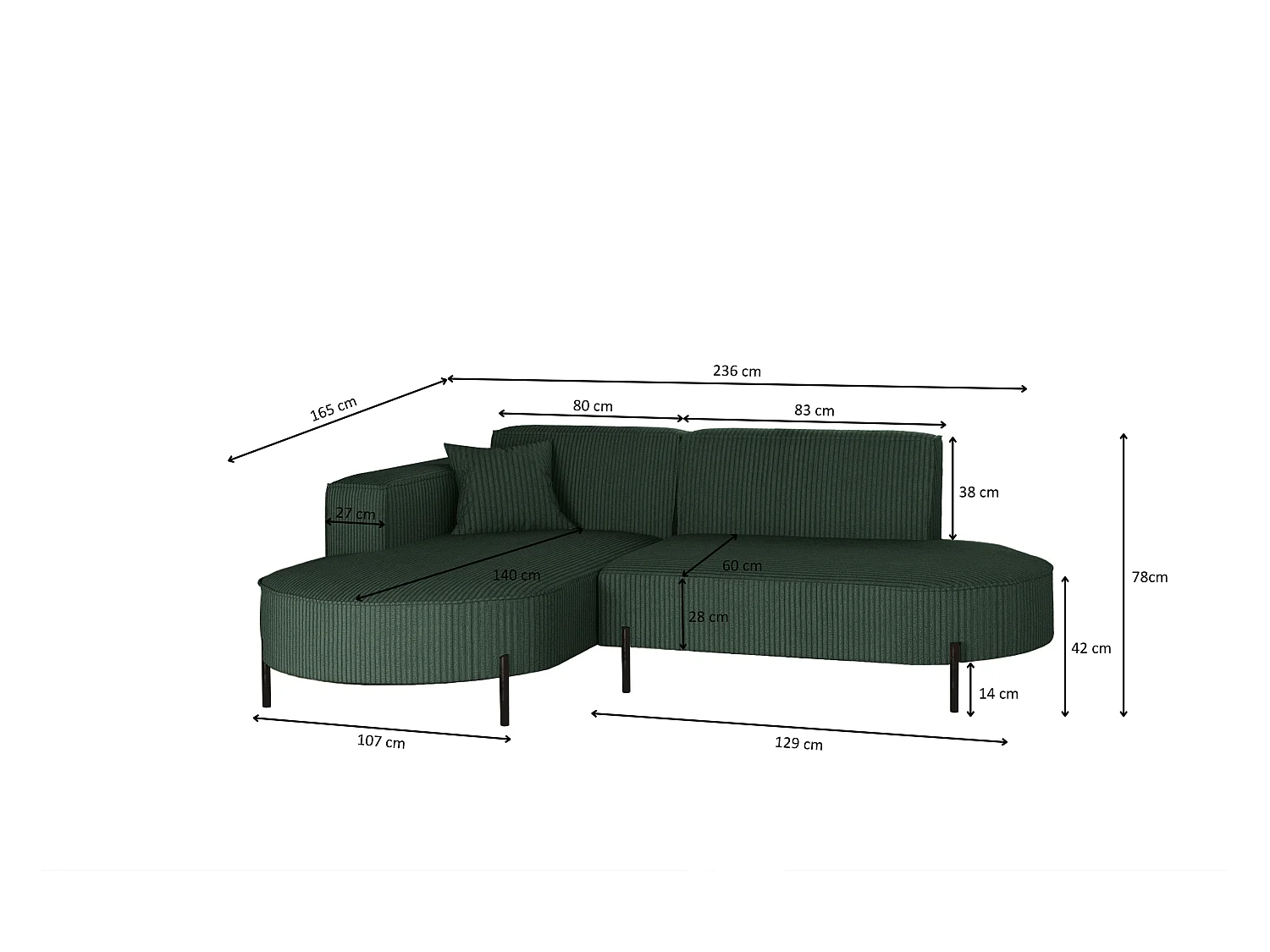 Canapé d'angle, canapé en L, designer Modena, tissu pur, Poso Green, gauche