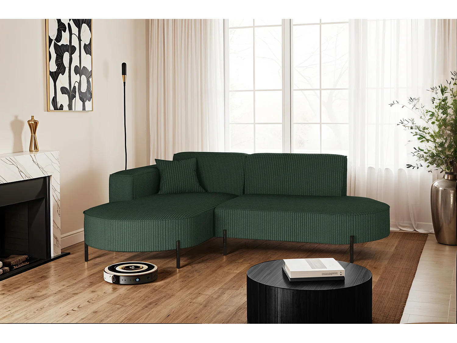 Canapé d'angle, canapé en L, designer Modena, tissu pur, Poso Green, gauche