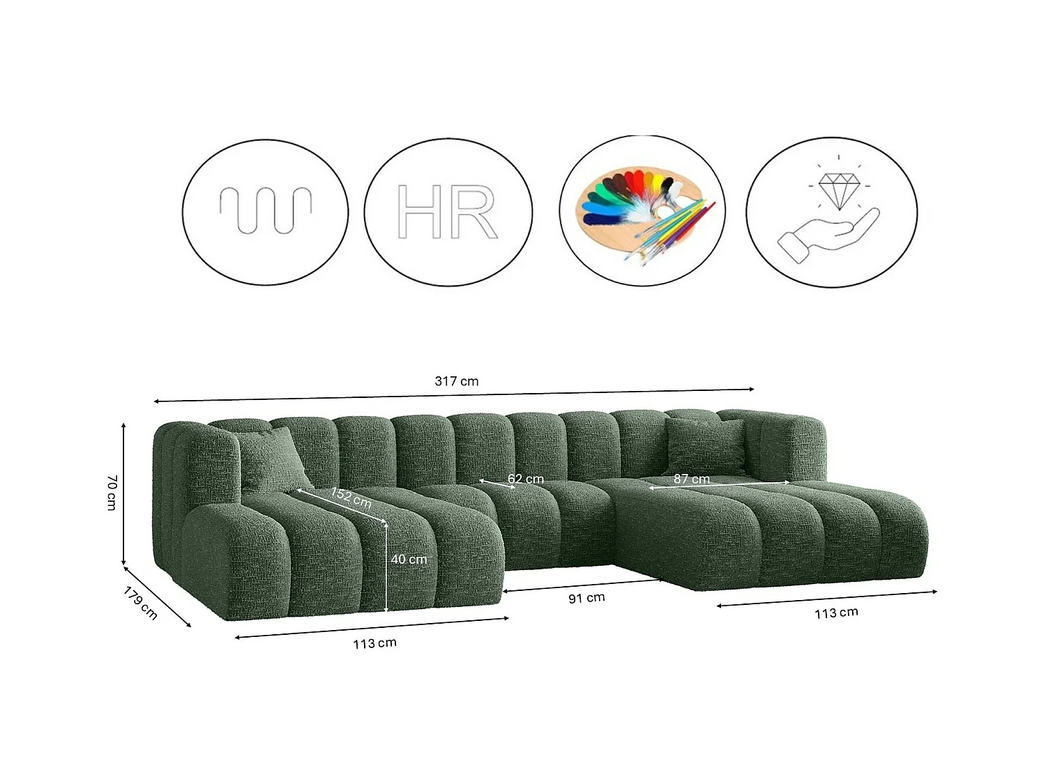 Ecksofa, U-form Sofa Grand modular stoff Haga Grün