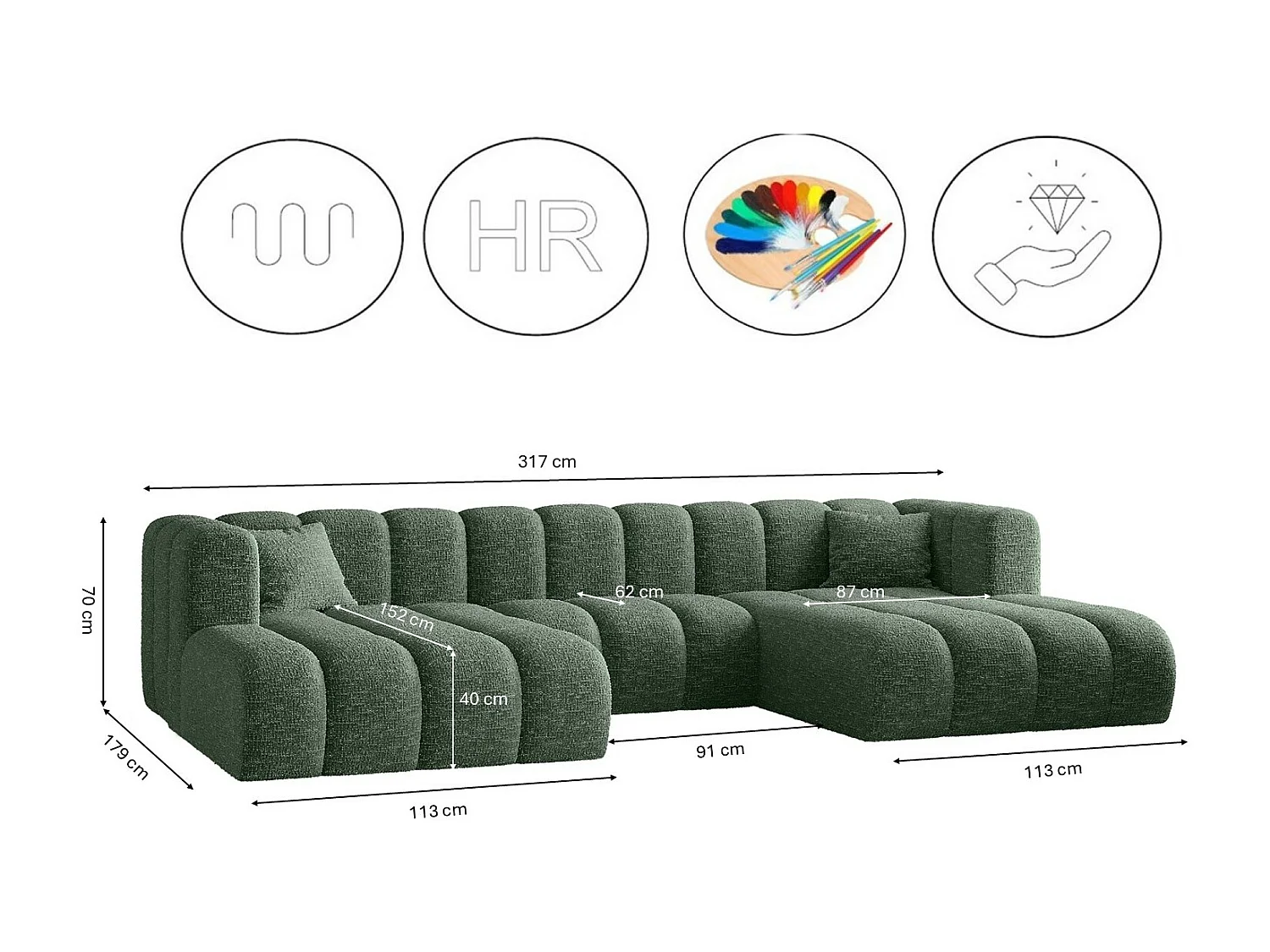 Ecksofa, U-form Sofa Grand modular stoff Haga Grün