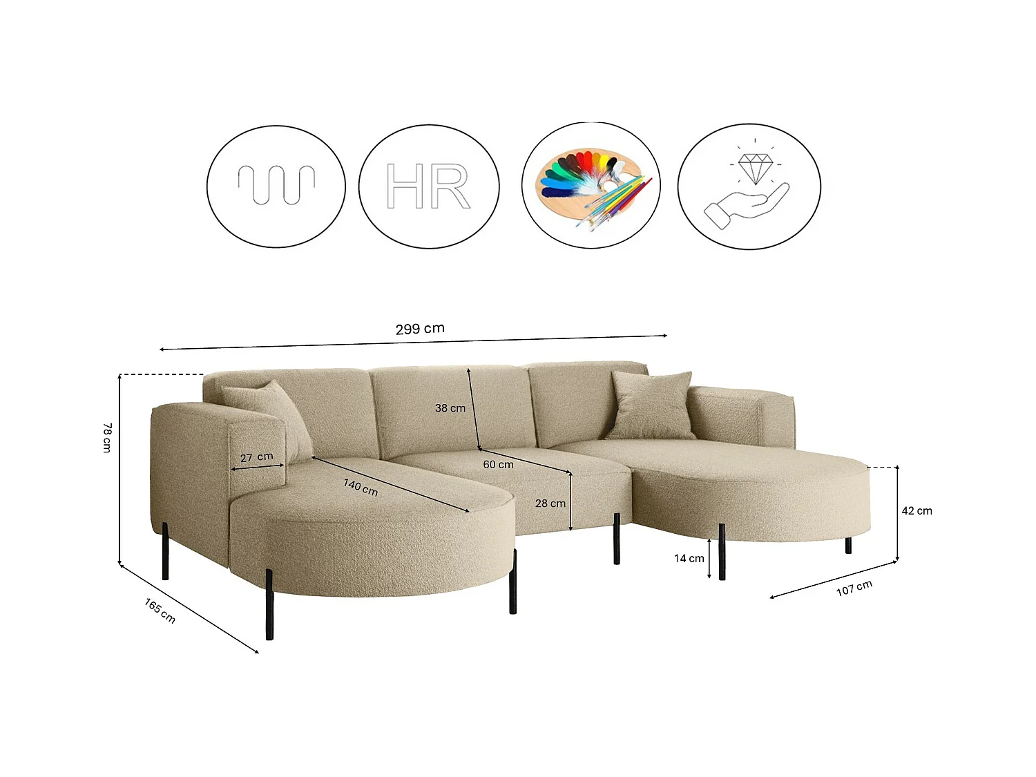 Canapé d'angle, Canapé Designer Modena U Pure tissu Quelle Beige