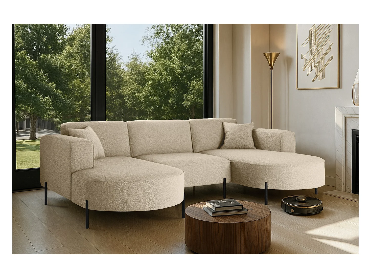 Ecksofa, Sofa Designer Modena U Rein stoff Quelle Beige