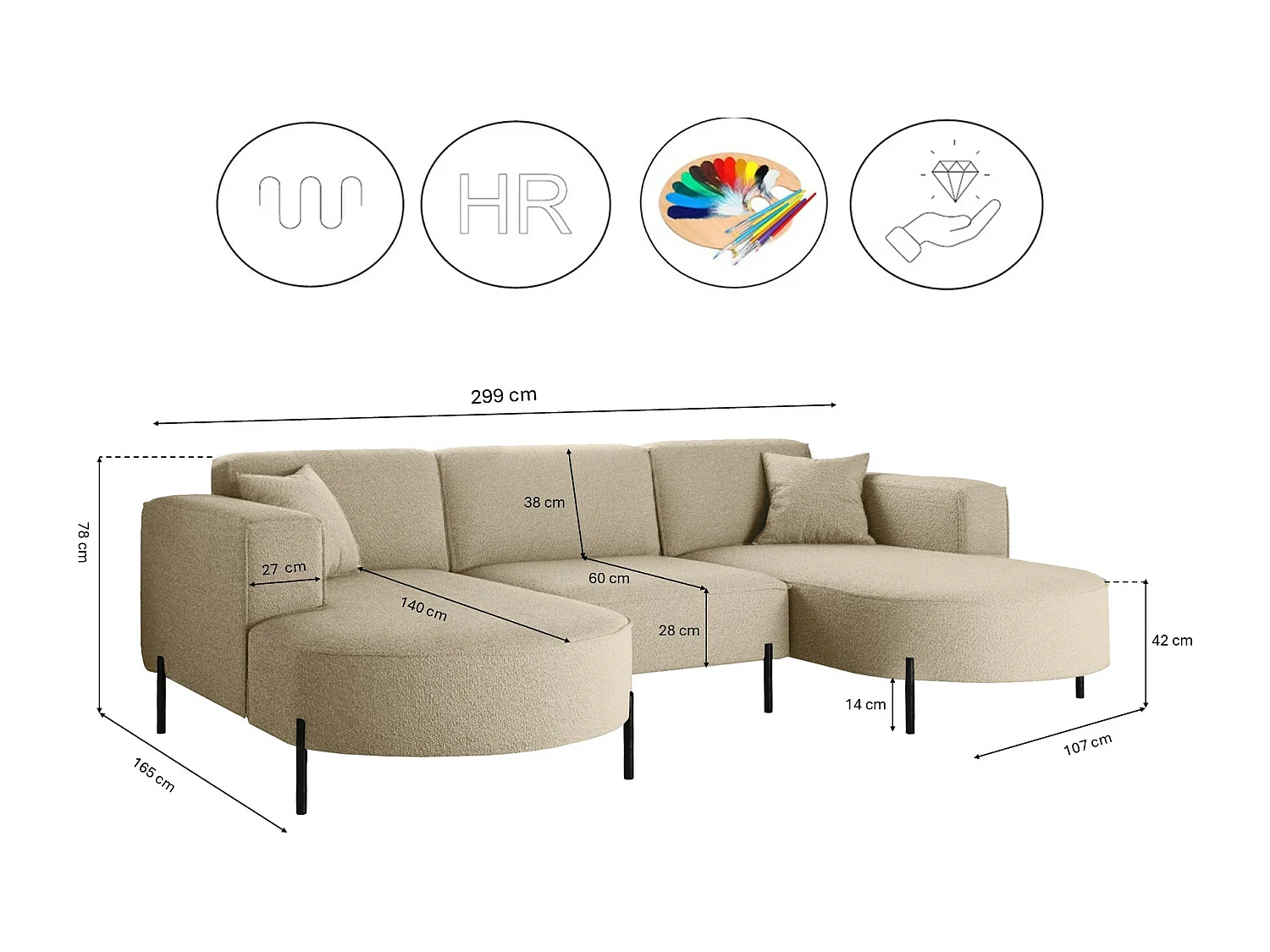 Canapé d'angle, Canapé Designer Modena U Pure tissu Quelle Beige