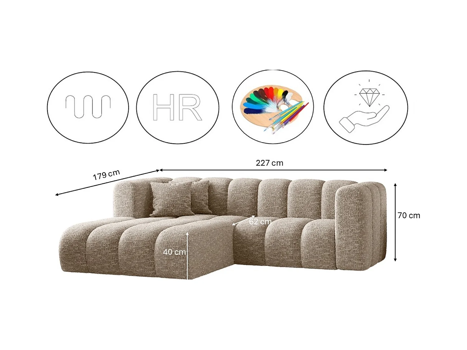 Canapé d'angle, canapé en L Grand modulable tissu Haga Beige Gauche