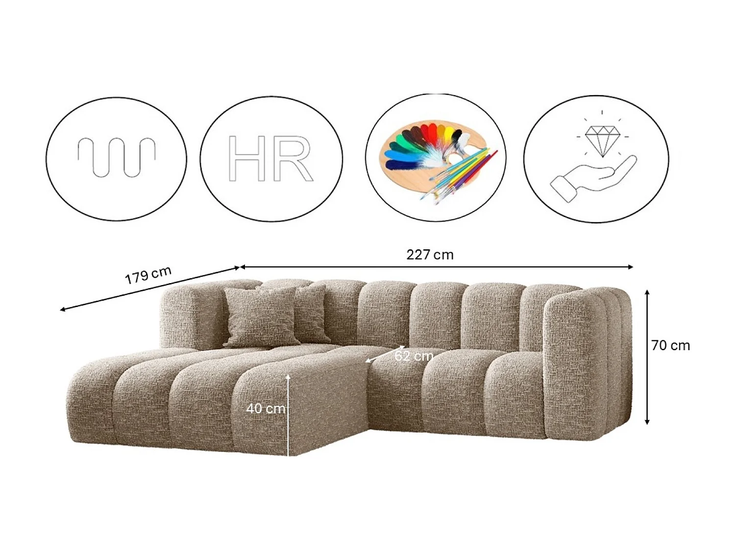 Canapé d'angle, canapé en L Grand modulable tissu Haga Beige Gauche