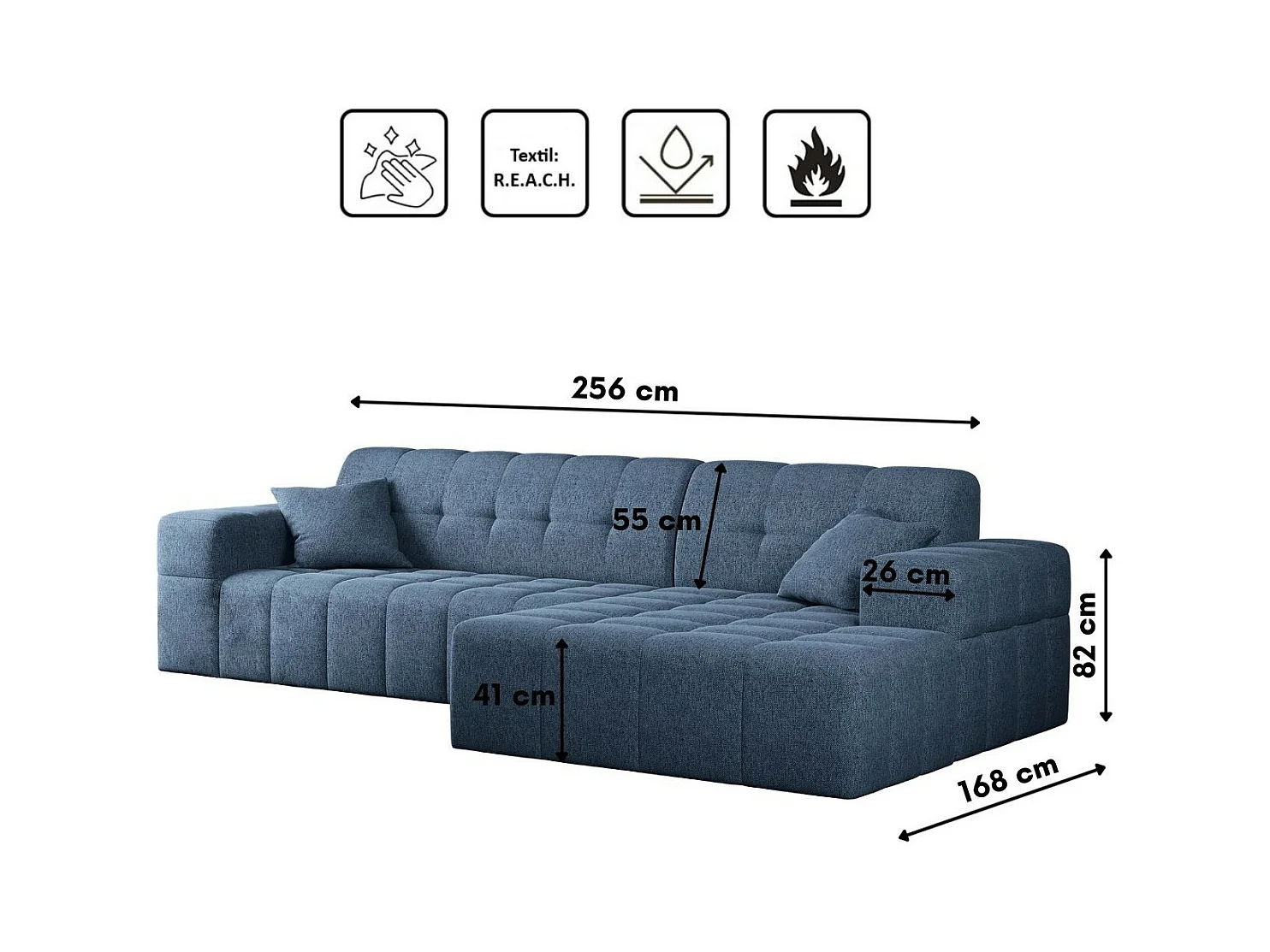 Ecksofa Eckouch Wohnzimmer NIMES Stoff Verita Marineblau Rechts