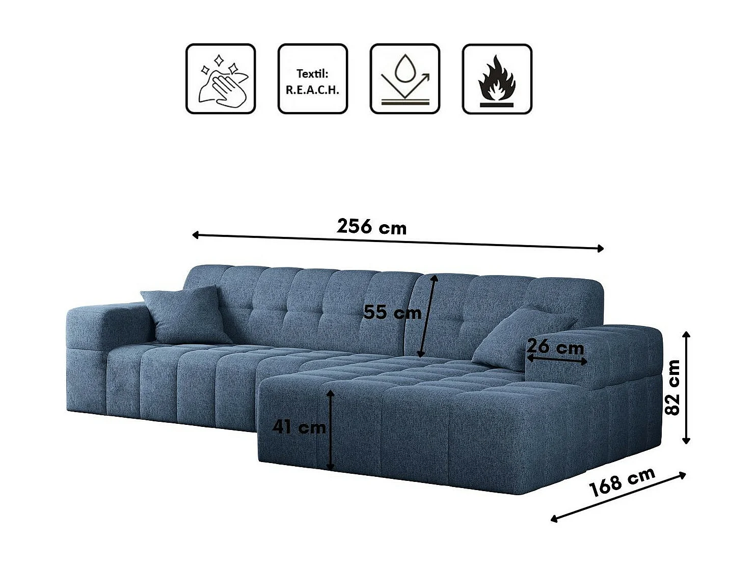 Ecksofa Eckouch Wohnzimmer NIMES Stoff Verita Marineblau Rechts