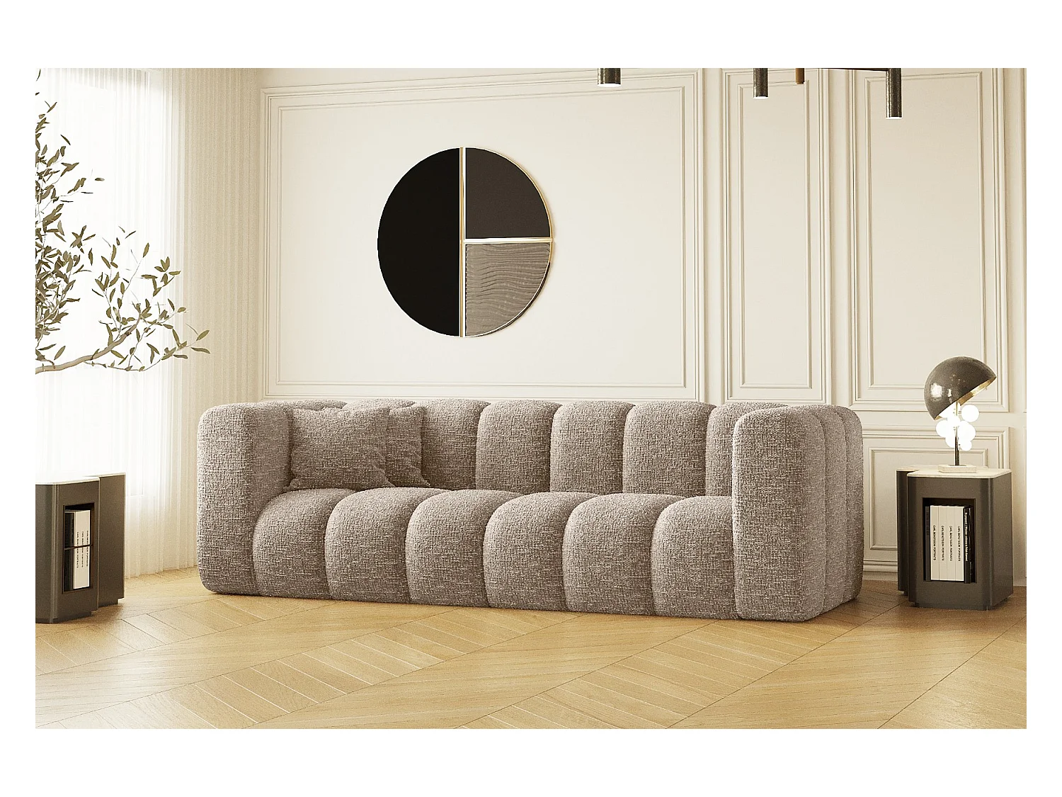 Couch, Dreisitzer-Sofa Grand Modular Stoff Haga Beige