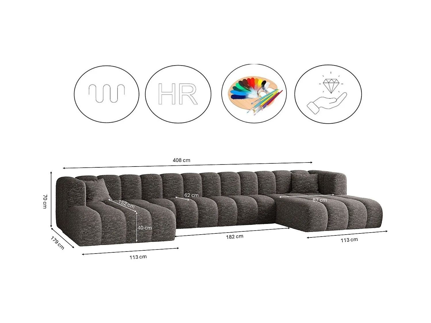 Ecksofa, U-form Sofa Grand U XL  modular stoff Haga Graphit