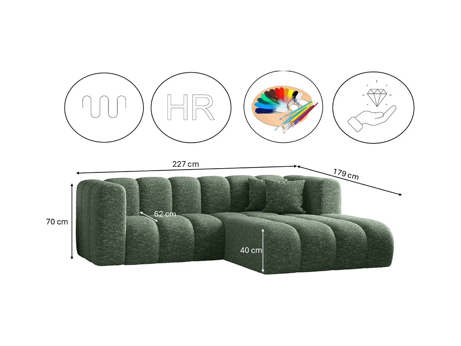 Canapé d'angle, canapé en L Grand modulable tissu Haga Vert Droite