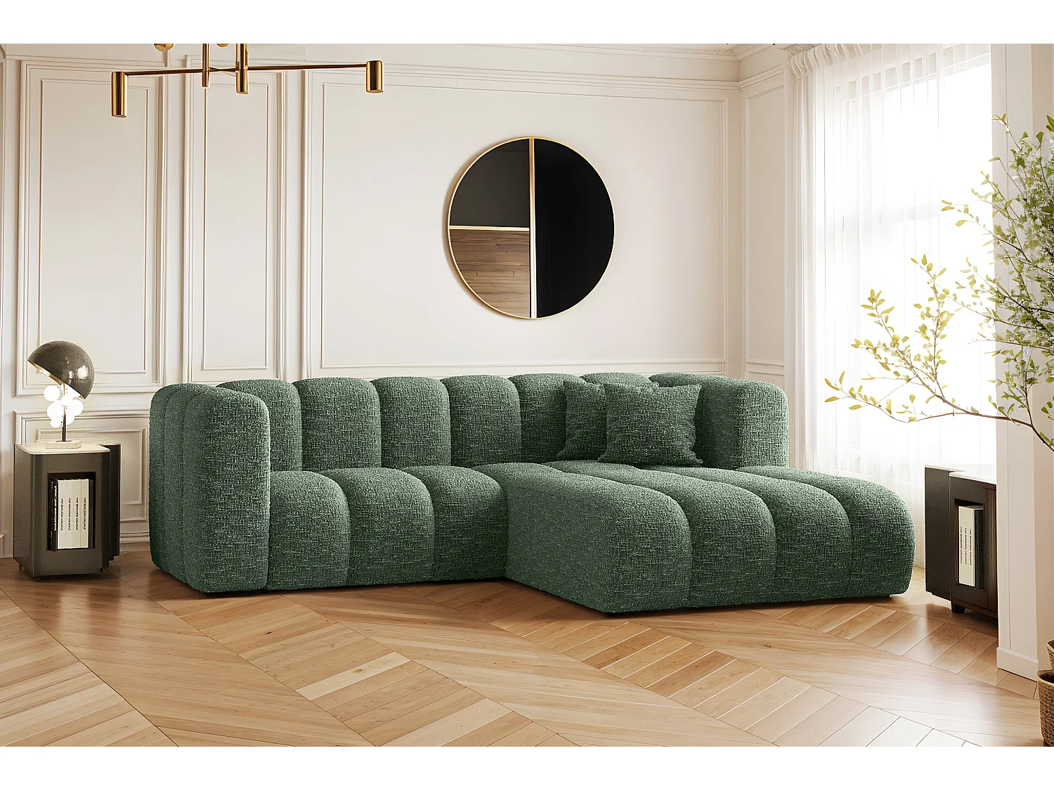 Canapé d'angle, canapé en L Grand modulable tissu Haga Vert Droite