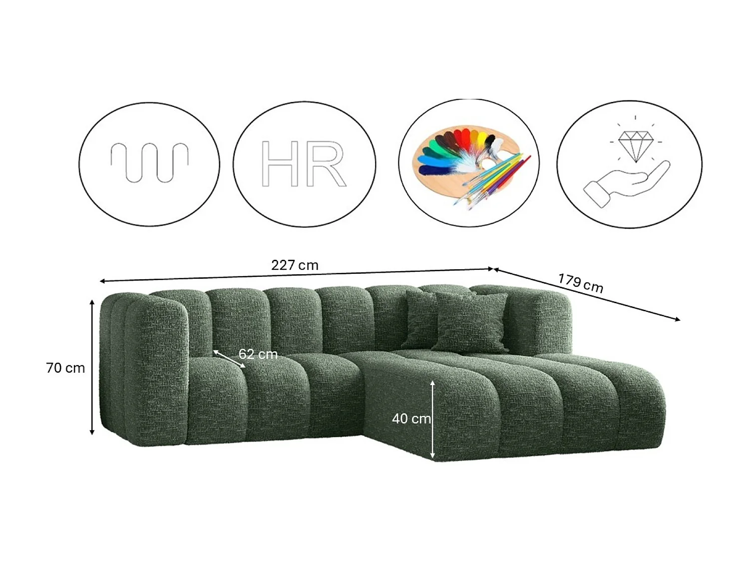 Canapé d'angle, canapé en L Grand modulable tissu Haga Vert Droite