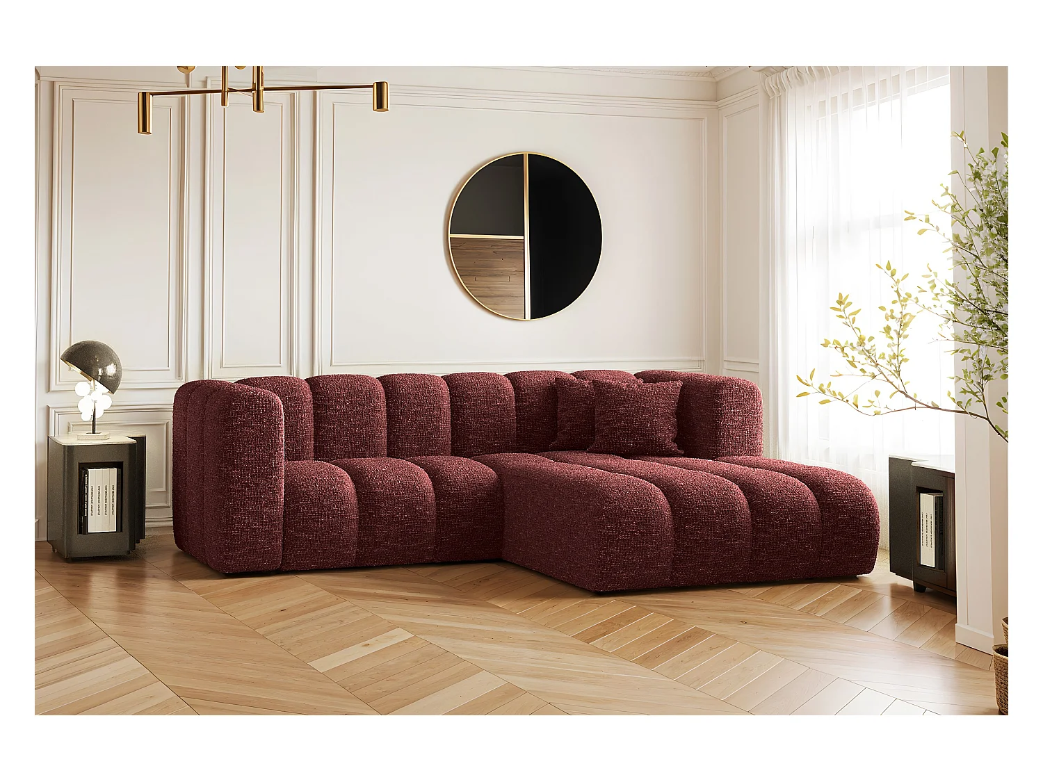 Canapé d'angle, canapé en L Grand modulable tissu Haga vin rouge droit
