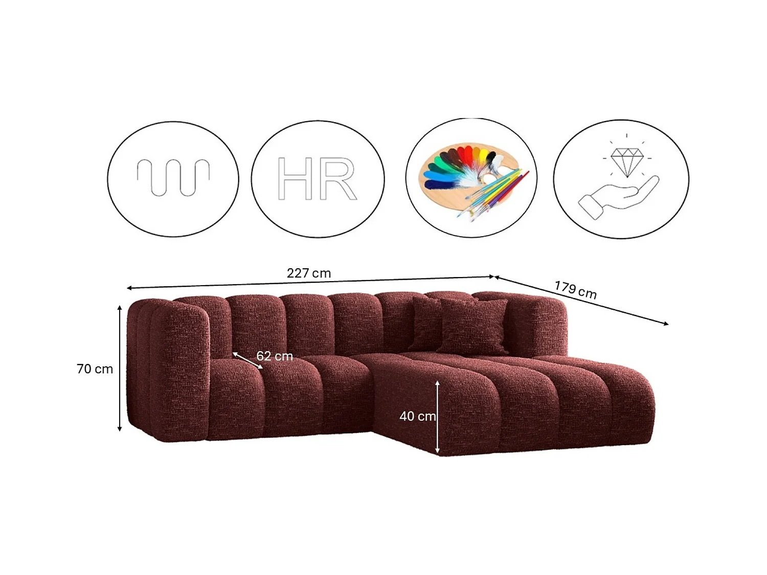 Canapé d'angle, canapé en L Grand modulable tissu Haga vin rouge droit