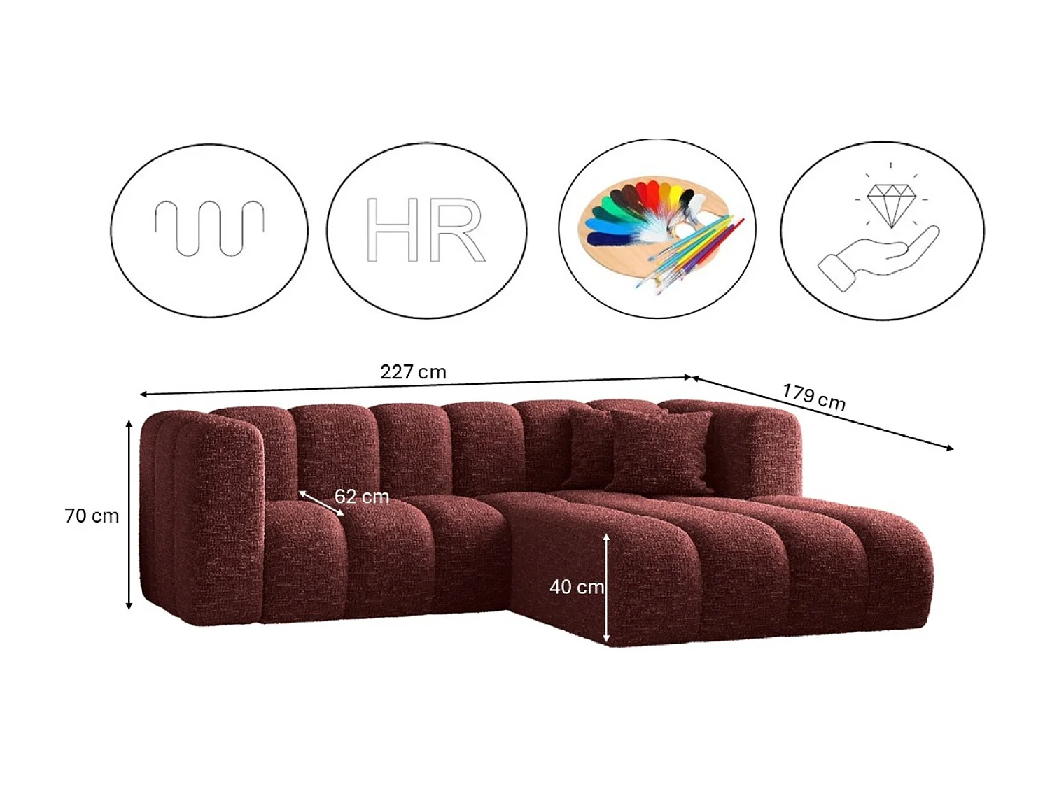 Canapé d'angle, canapé en L Grand modulable tissu Haga vin rouge droit