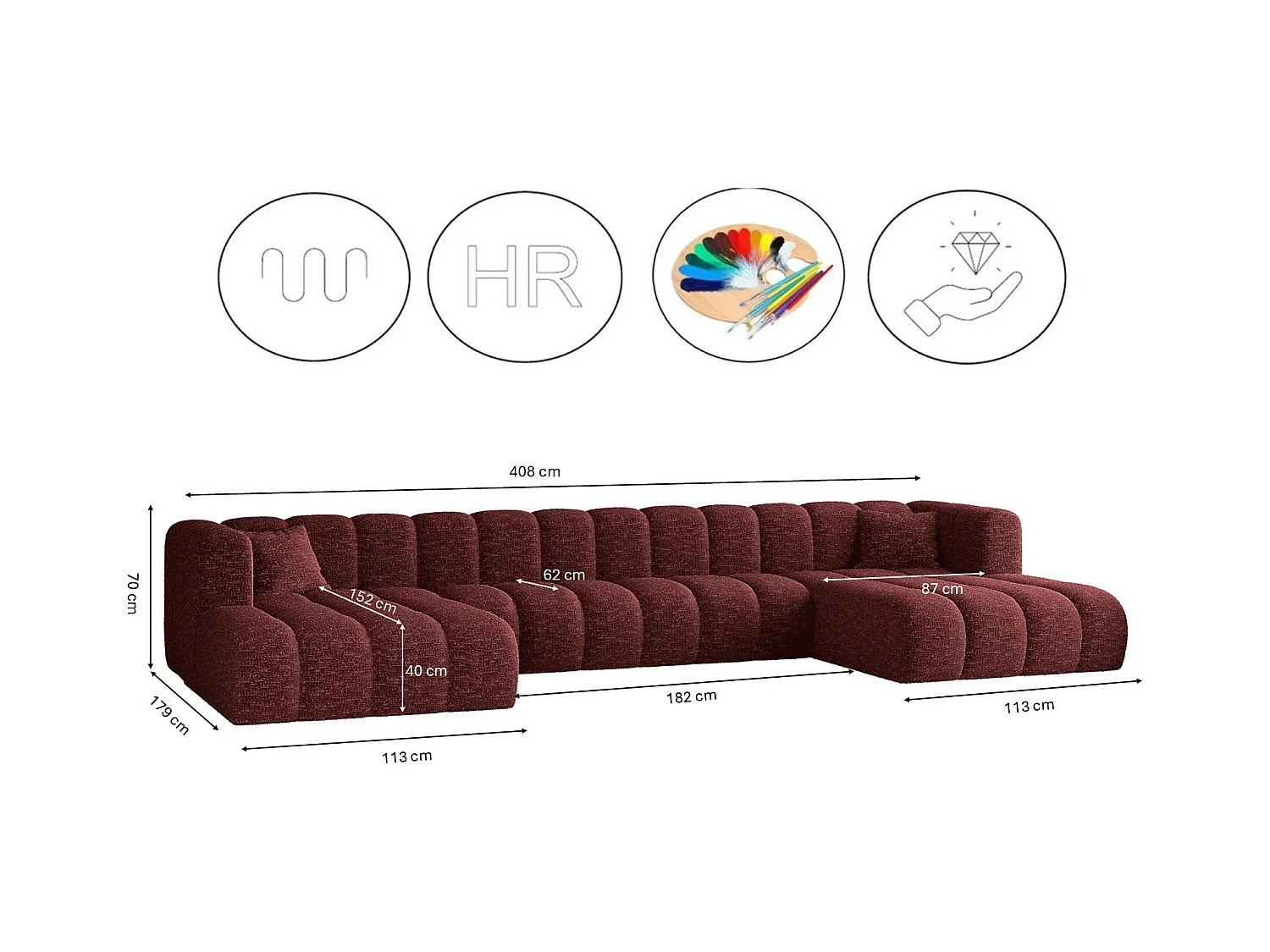 Ecksofa, U-form Sofa Grand U XL  modular stoff Haga Rotwein
