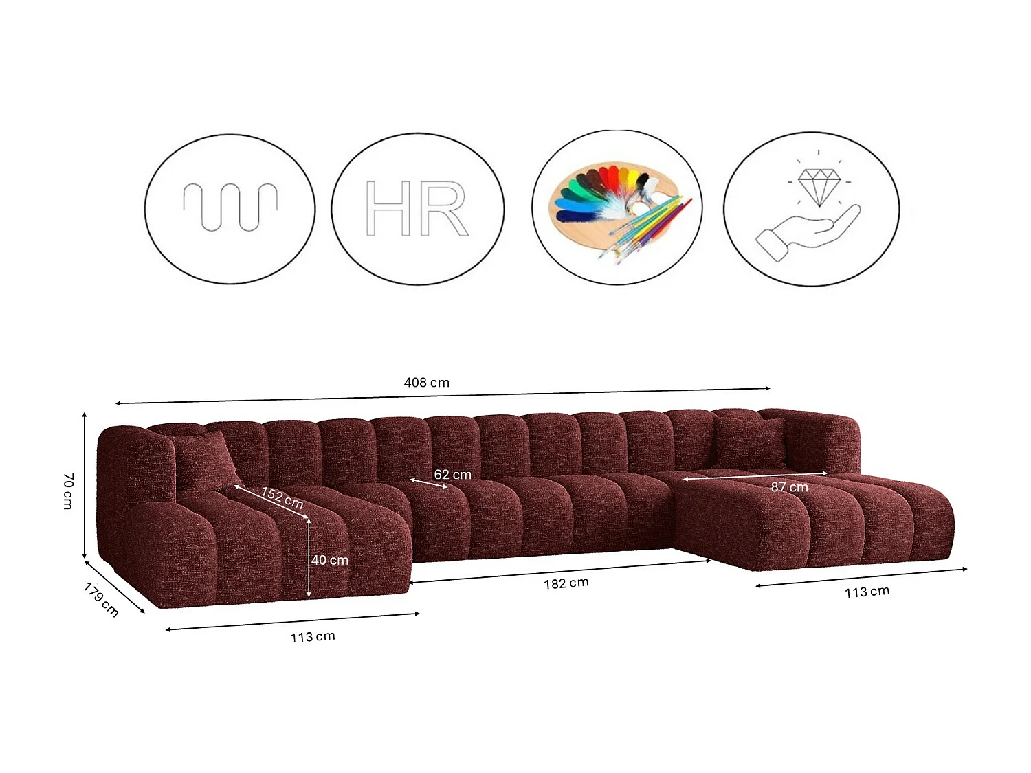 Ecksofa, U-form Sofa Grand U XL  modular stoff Haga Rotwein