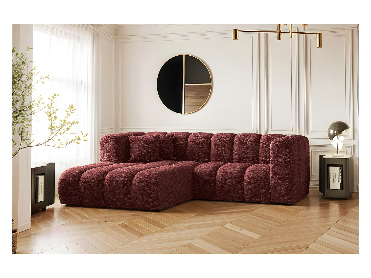 Canapé d'angle, canapé en L Grand modulable tissu Haga vin rouge gauche