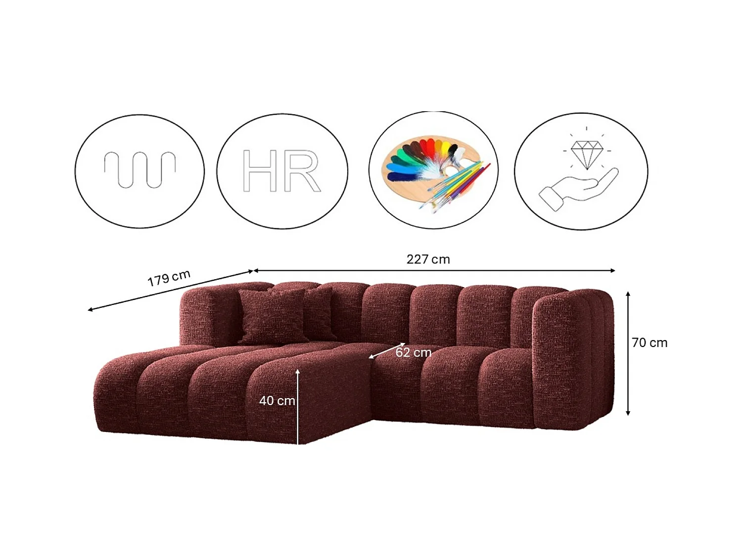 Canapé d'angle, canapé en L Grand modulable tissu Haga vin rouge gauche