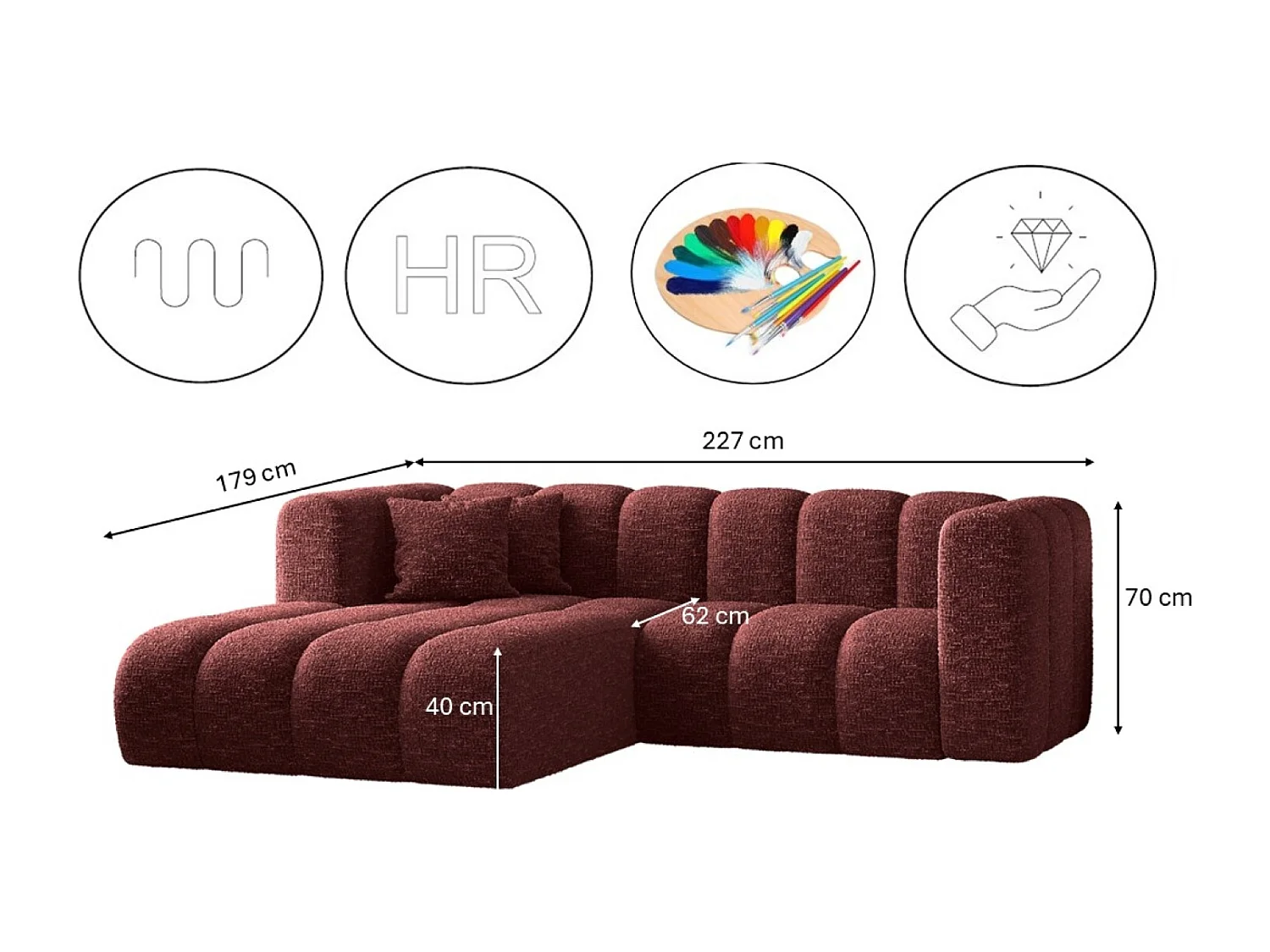 Canapé d'angle, canapé en L Grand modulable tissu Haga vin rouge gauche