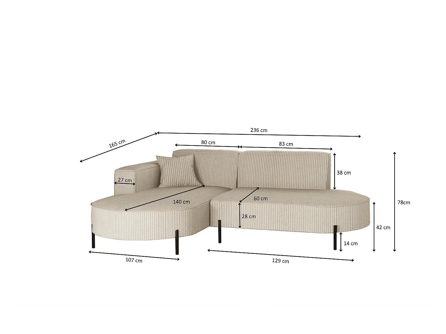 Canapé d'angle, canapé en L, designer Modena, tissu pur, Poso Beige, gauche