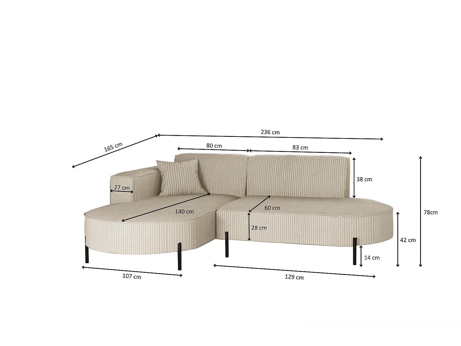 Canapé d'angle, canapé en L, designer Modena, tissu pur, Poso Beige, gauche