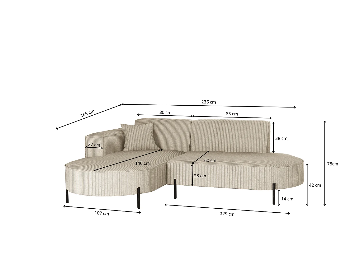 Canapé d'angle, canapé en L, designer Modena, tissu pur, Poso Beige, gauche