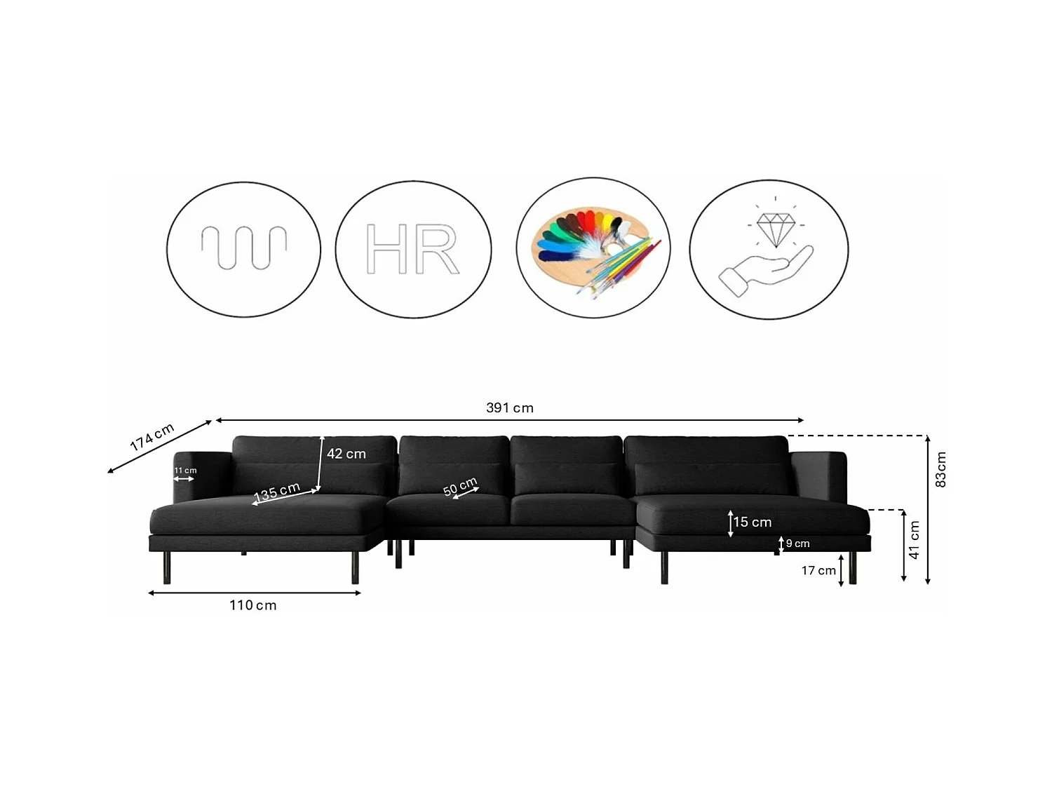 Canapé d'angle DANI en tissu U Verita Noir