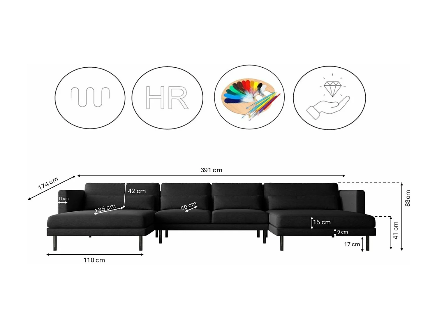 Canapé d'angle DANI en tissu U Verita Noir