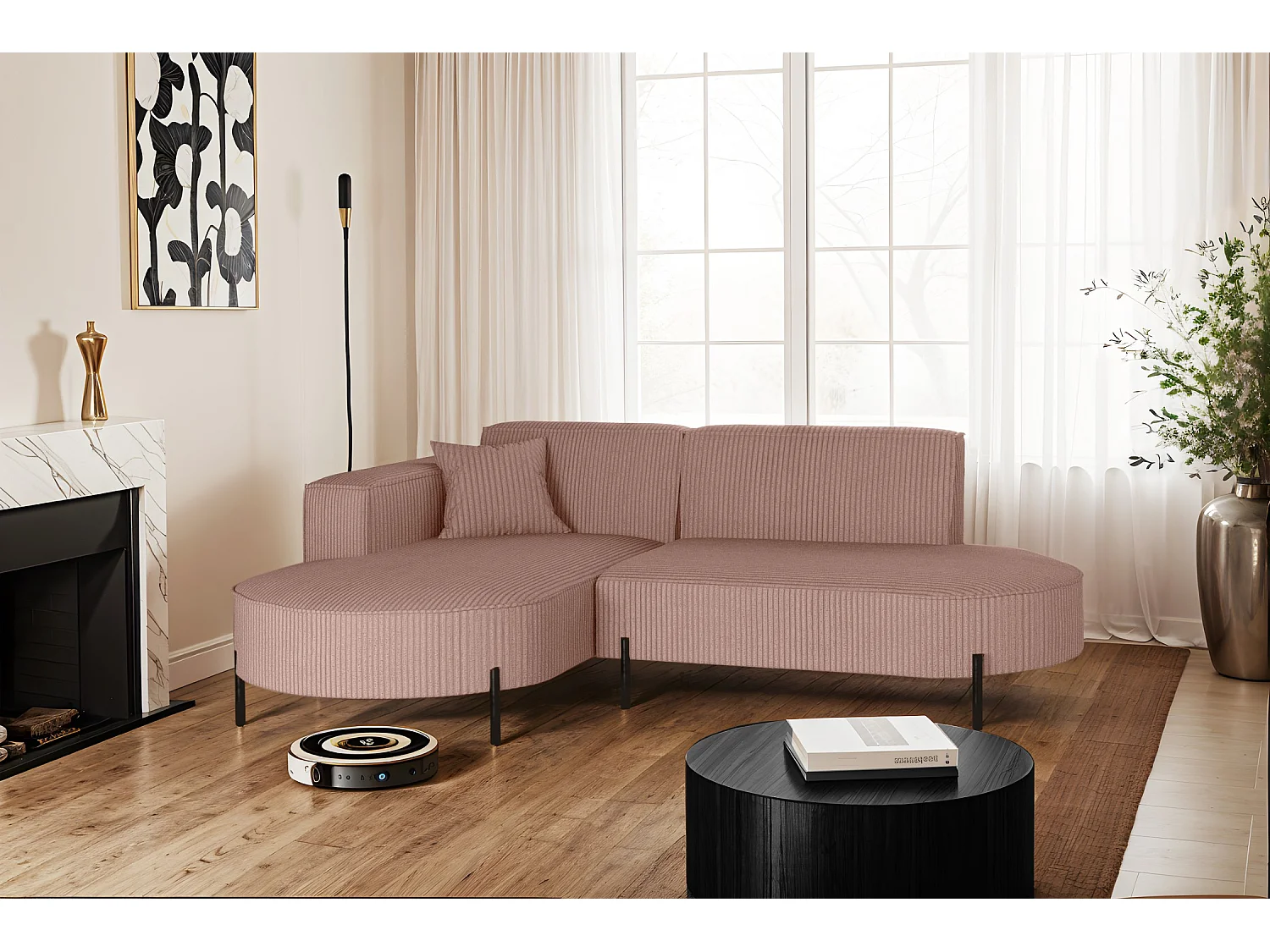 Canapé d'angle, canapé en L, designer Modena, tissu pur, Poso Rosa, gauche