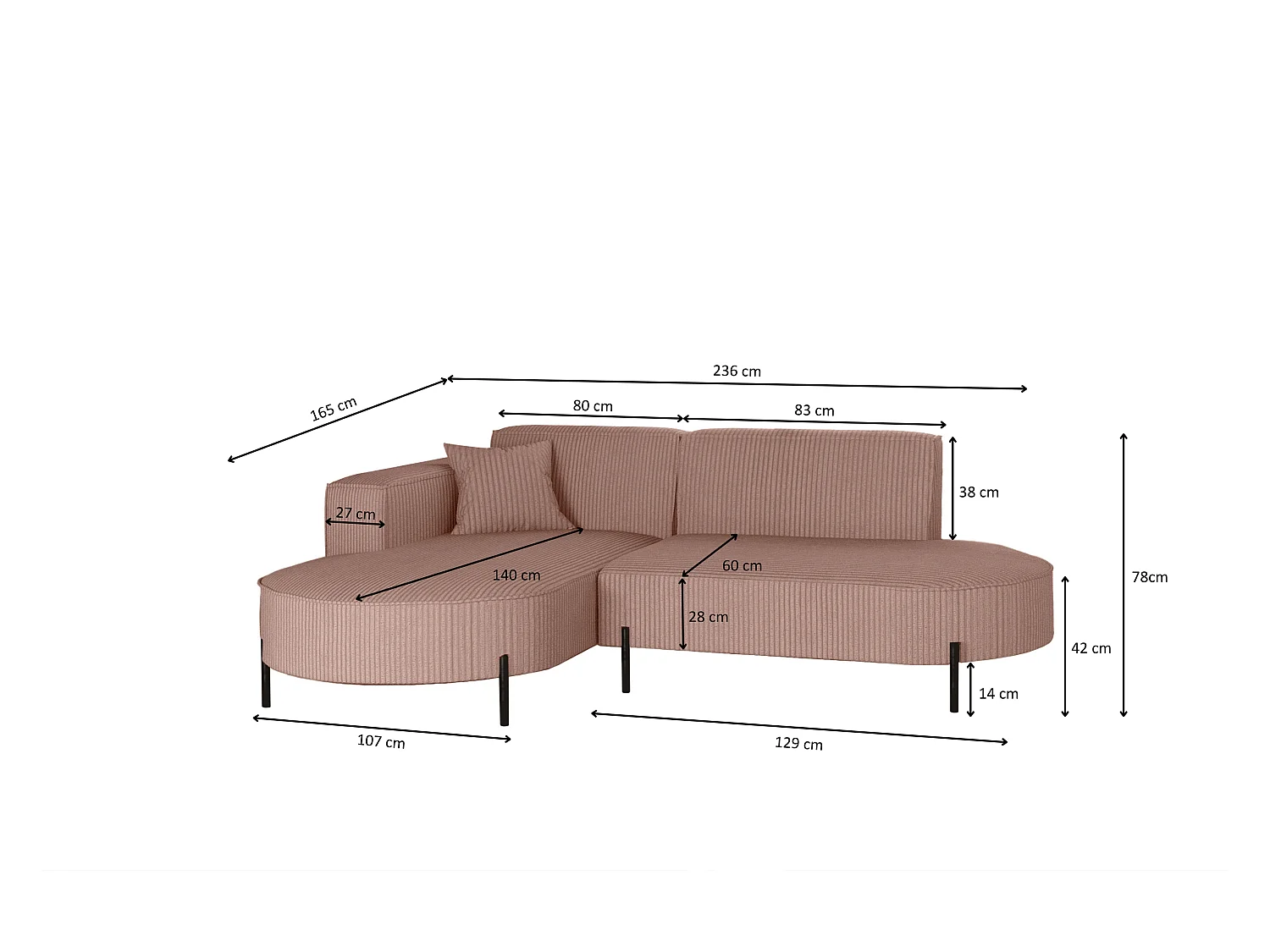 Canapé d'angle, canapé en L, designer Modena, tissu pur, Poso Rosa, gauche