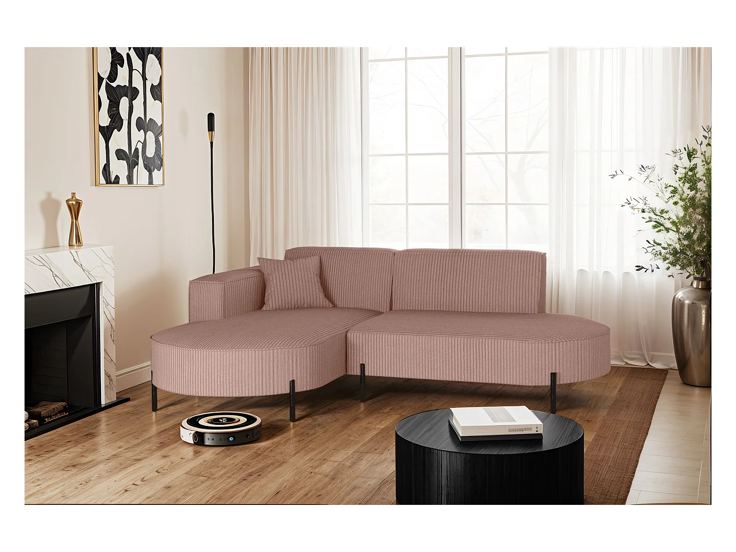 Ecksofa, Sofa L-Form Designer Modena Rein stoff Poso Rosa Links