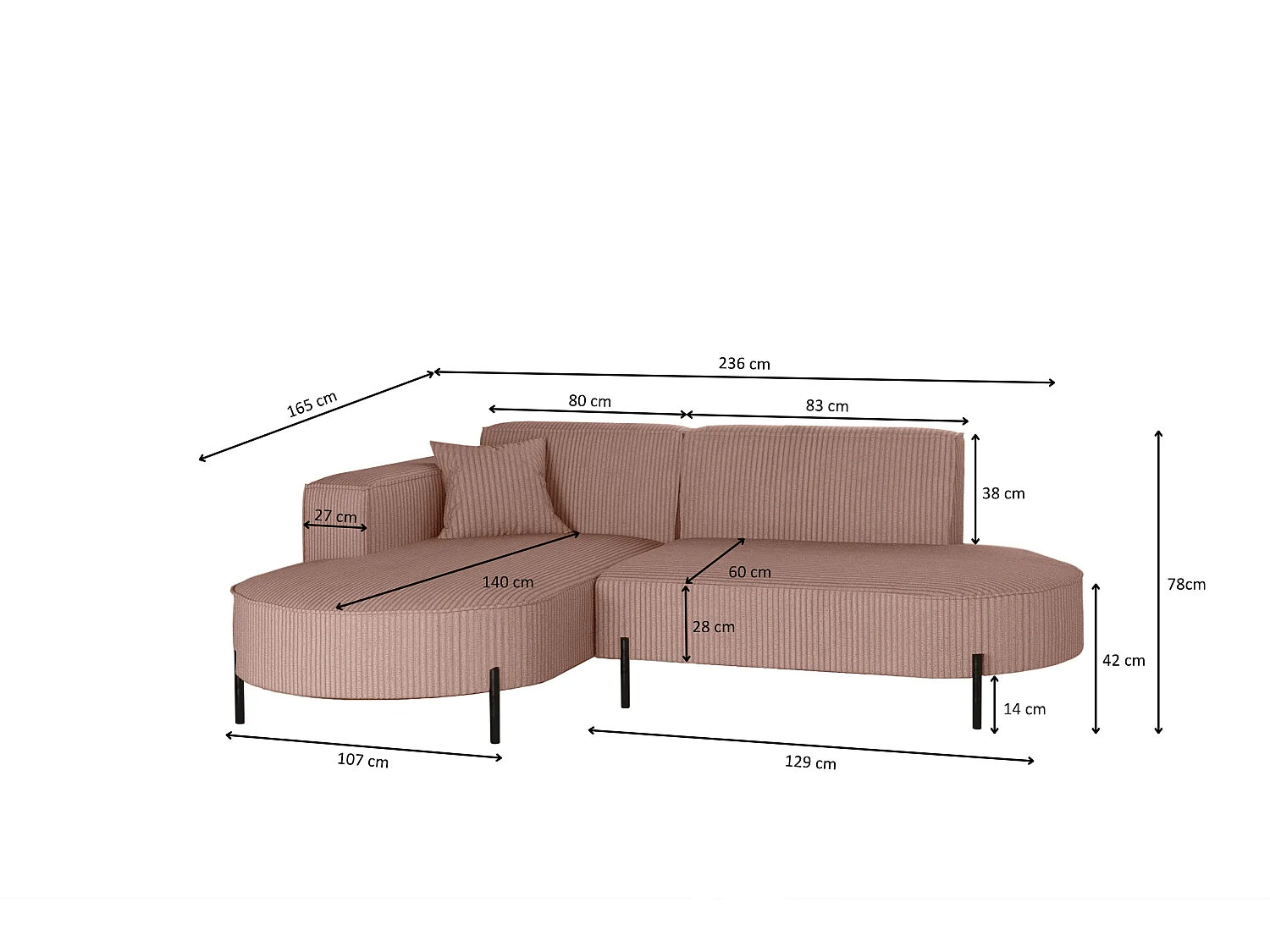 Canapé d'angle, canapé en L, designer Modena, tissu pur, Poso Rosa, gauche