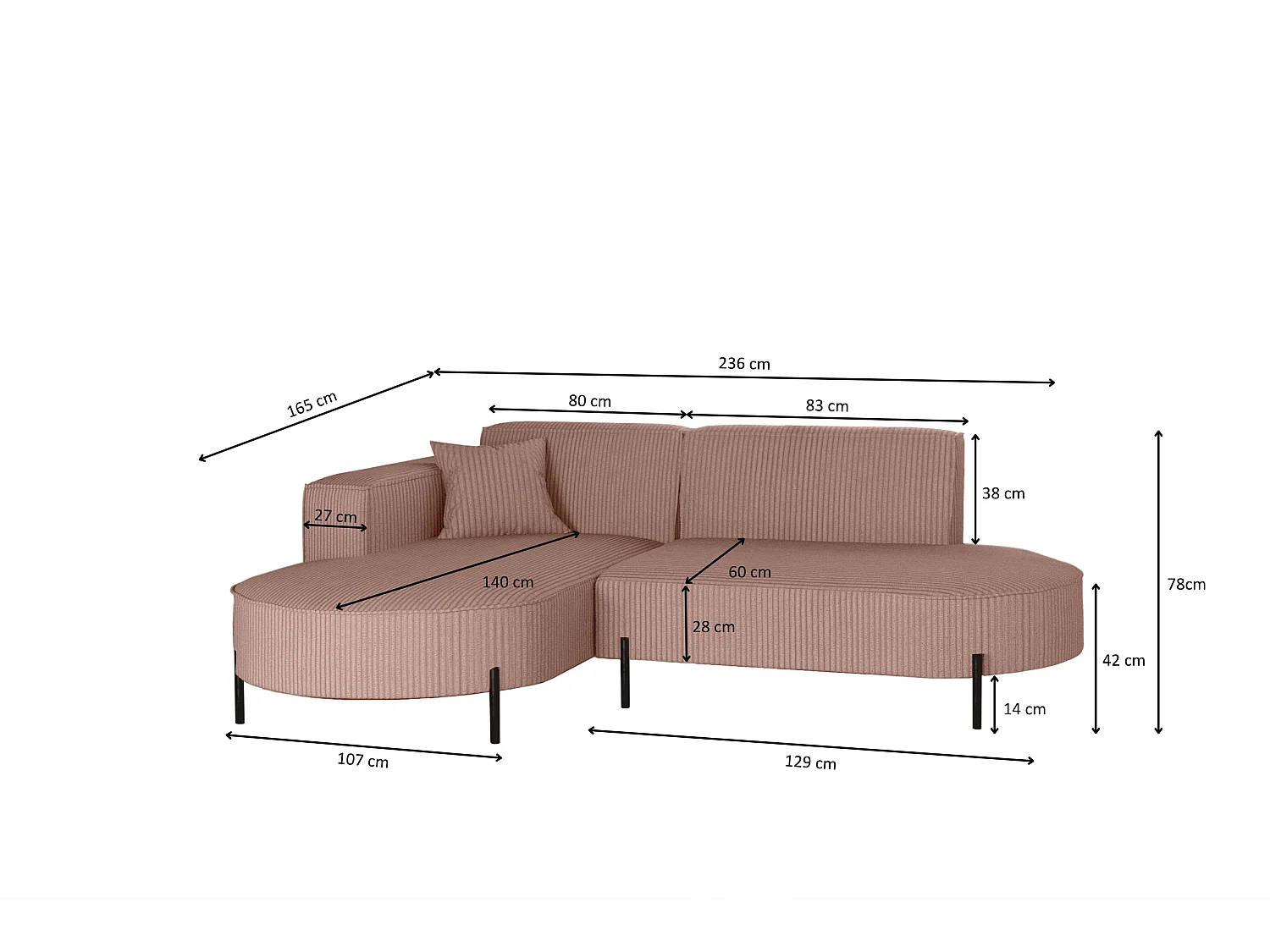 Canapé d'angle, canapé en L, designer Modena, tissu pur, Poso Rosa, gauche