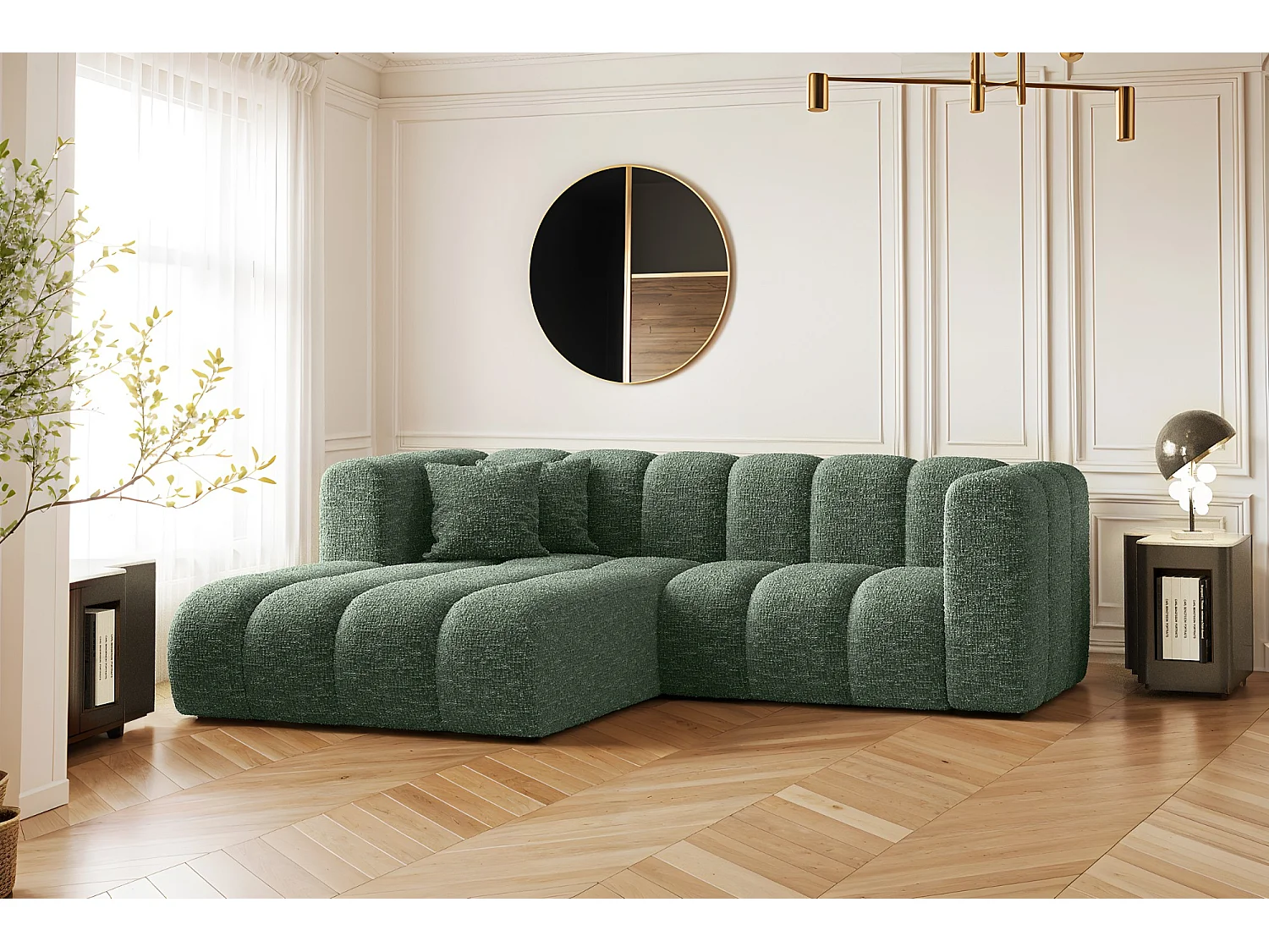 Canapé d'angle, canapé en L Grand modulable tissu Haga Vert Gauche