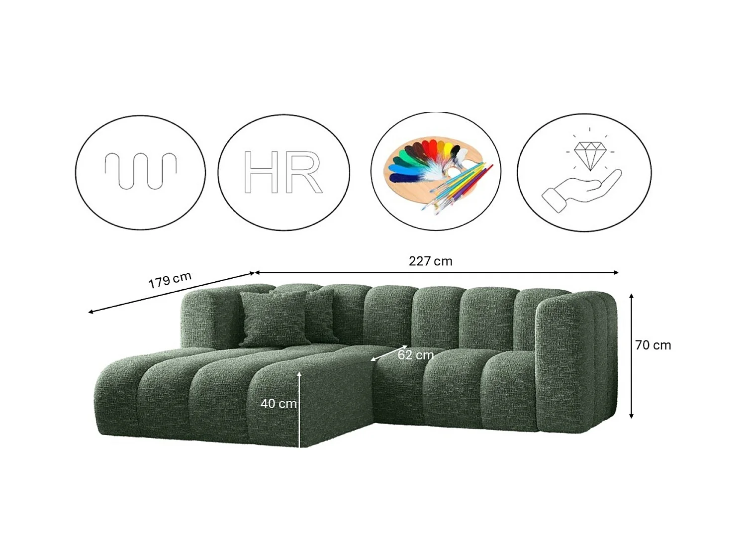 Canapé d'angle, canapé en L Grand modulable tissu Haga Vert Gauche