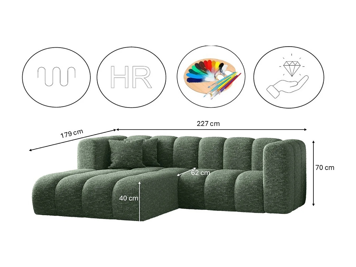 Canapé d'angle, canapé en L Grand modulable tissu Haga Vert Gauche