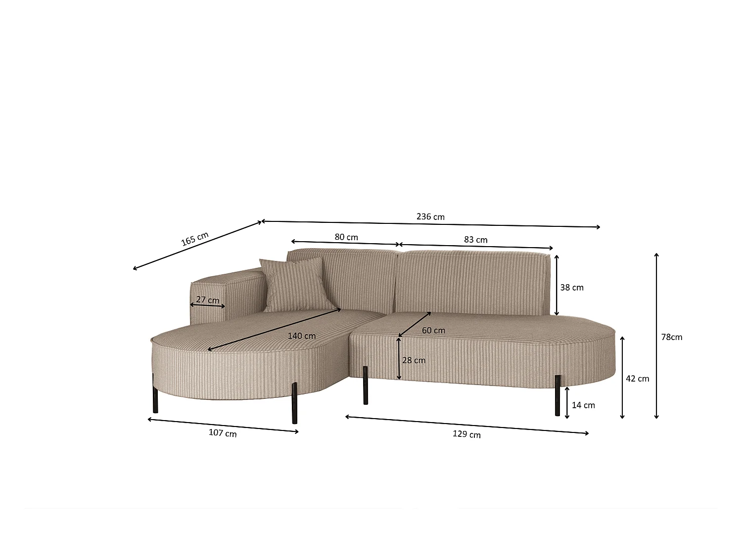 Canapé d'angle, canapé en L, designer Modena, tissu pur Poso, beige foncé, gauche