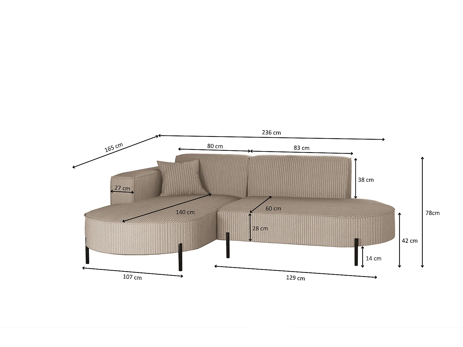 Canapé d'angle, canapé en L, designer Modena, tissu pur Poso, beige foncé, gauche