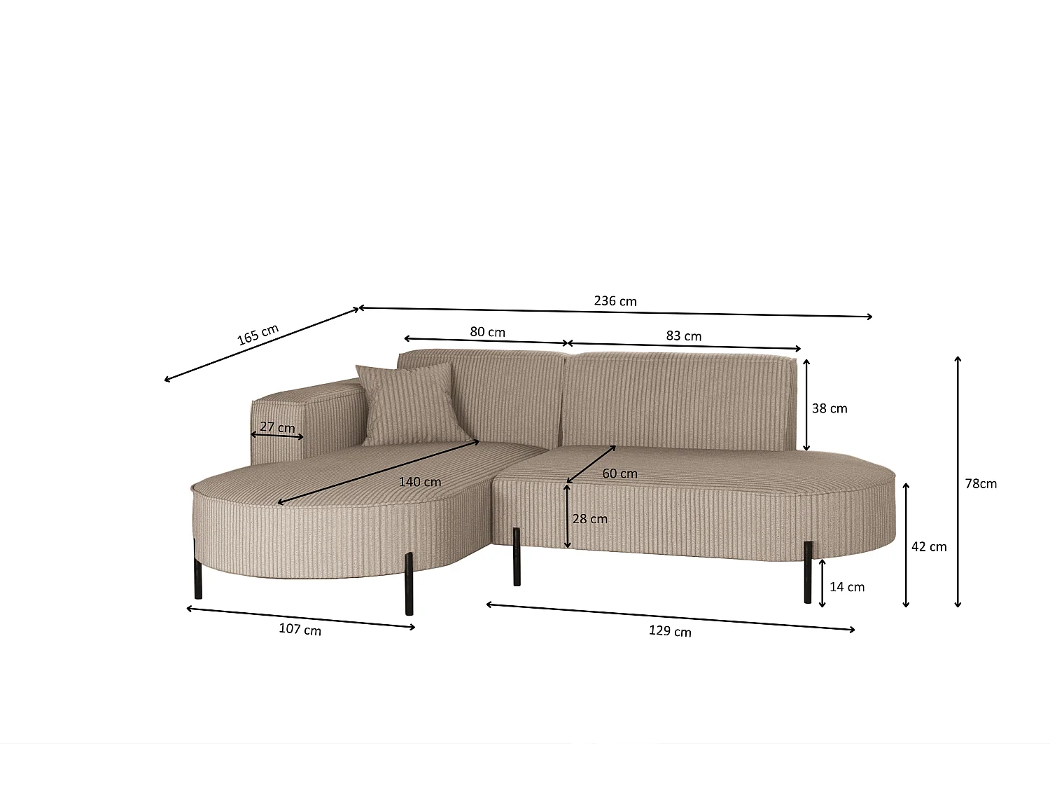 Canapé d'angle, canapé en L, designer Modena, tissu pur Poso, beige foncé, gauche